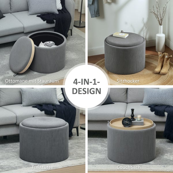 HOMCOM Sitzhocker mit Stauraum Hocker mit Deckel, Runder Fußhocker Polsterhocker Couchtisch mit Cord-Optik 56 x 56 x 42 cm Grau