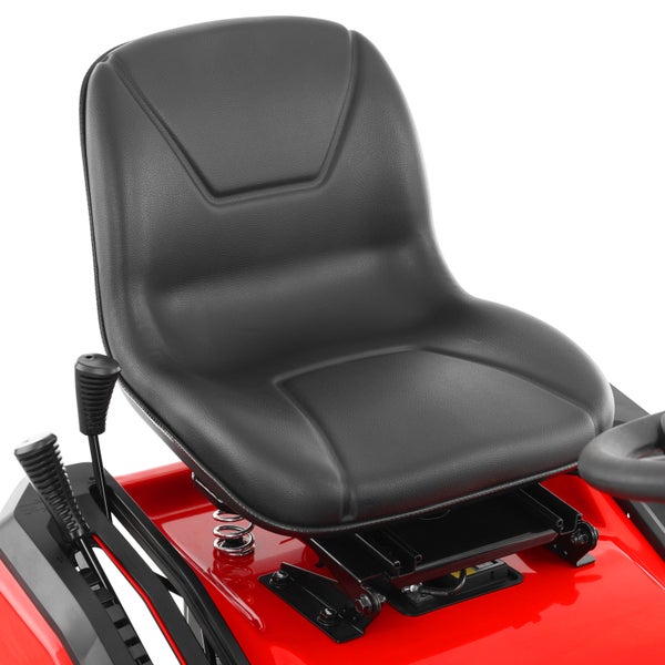 Gepolsterter schwarzer Sitz für einen Rasentraktor mit ergonomischer Rückenlehne und Federung.