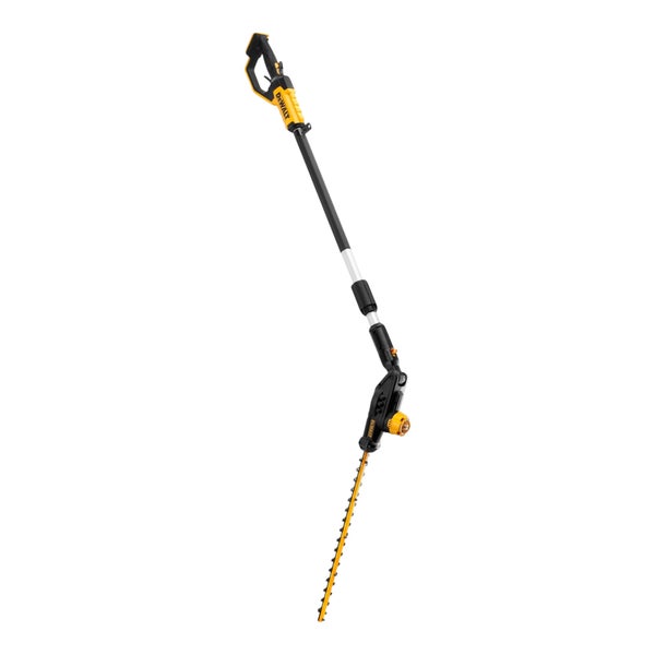 DeWalt batteriebetriebene Stab-Heckenschere mit Teleskopstiel, ergonomischem Griff und winkelverstellbarem Schneidkopf.