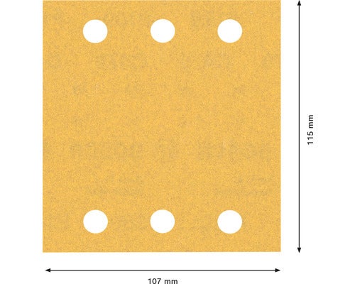 Schleifblatt mit sechs Löchern und den Maßen 115 mm mal 107 mm.