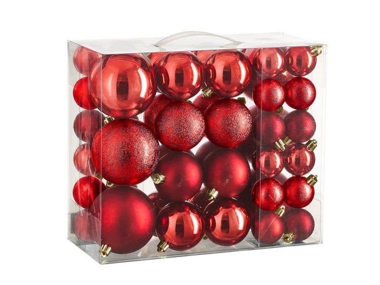 Set mit verschieden großen Weihnachtskugeln aus Kunststoff in einer transparenten Aufbewahrungsbox mit Tragegriff