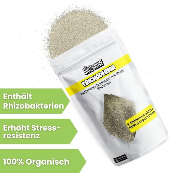 Bio2Grow Trichoderma Bodenpilz mit Rhizobakterien in einer Verpackung mit Aufschrift: Enthält Rhizobakterien, Erhöht Stressresistenz und 100 Prozent organisch