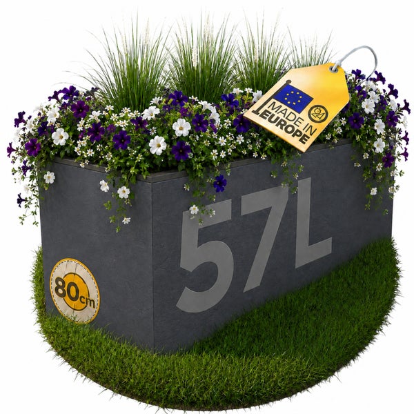 Rechteckiger Pflanzkasten, 57 Liter Volumen, 80 Zentimeter Länge, bepflanzt mit Blumen und Gräsern, Hergestellt in Europa.