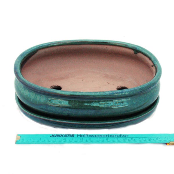 Bonsai-Schale mit Unterteller Gr. 3 - Grün - oval - Modell O47 - L 19cm - B 13,5cm - H 5cm
