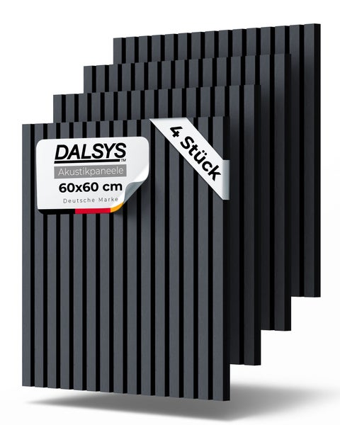 Dalsys Akustikpaneele 4 Stück, 60 mal 60 Zentimeter, mit schwarzen vertikalen Lamellen.
