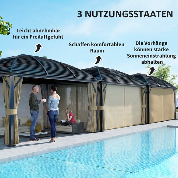 Outsunny Pavillon mit Hardtop, 4x3 m Wasserdicht Stabil Winterfest Gartenpavillon mit Moskitonetz, Haken, Seitenteile, Bogendach, Garten-Pavillon aus Aluminium, für Garten, Terrasse, Braun