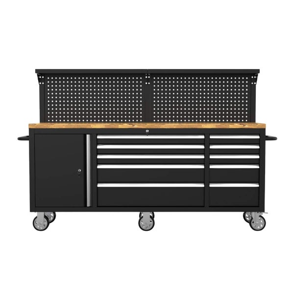 Werkbank mit Holzplatte, Lochwand, Schubladen und Schranktür auf Rollen
