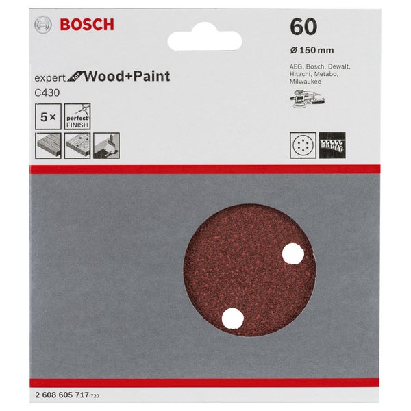 Bosch 5x Schleifblatt C430 Expert for Wood 6 Löcher Klett 150 mm K60 - 2608605717