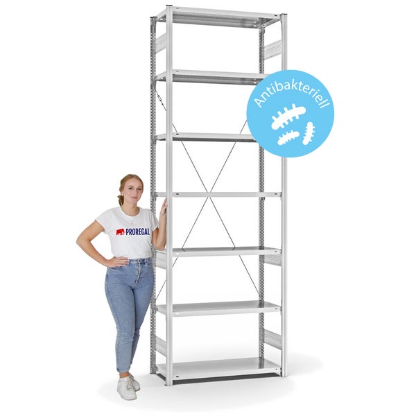 PROREGAL Antibakterielles Fachbodenregal Stecksystem T-Profil HxBxT 300 x 100 x 40 cm 7 Ebenen Traglast 145 kg Antibakterielle Beschichtung Weiß