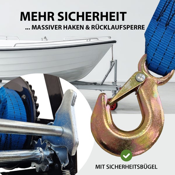 Detailansicht eines Bootsanhängers mit Fokus auf Sicherheitsmerkmale wie Haken und Rücklaufsperre