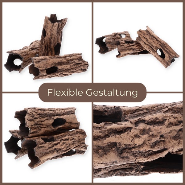 Aquariendekoration Set mit drei hohlen Baumstämmen in Rindenoptik und Öffnungen, verschiedene Anordnungen für flexible Gestaltung.