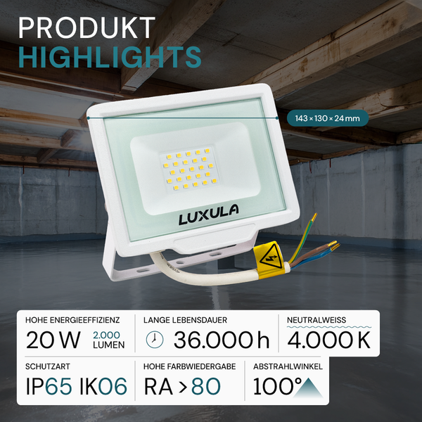 Luxula LED-Strahler mit den Maßen 143 x 130 x 24 Millimeter, 20 Watt Leistung, 2000 Lumen Lichtstärke, 36000 Stunden Lebensdauer, 4000 Kelvin Farbtemperatur, IP65 und IK06 Schutzart, Farbwiedergabe größer 80 und 100 Grad Abstrahlwinkel