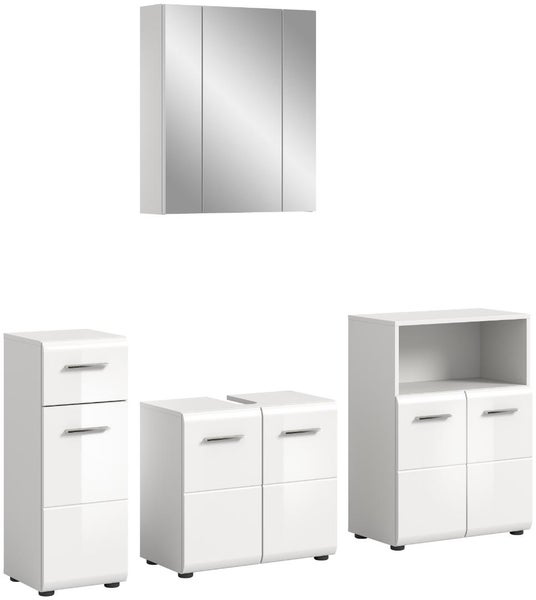 Mehrteiliges Badezimmermöbel-Set in Weiß Hochglanz mit Spiegelschrank, Waschbeckenunterschrank und zwei Beistellschränken.