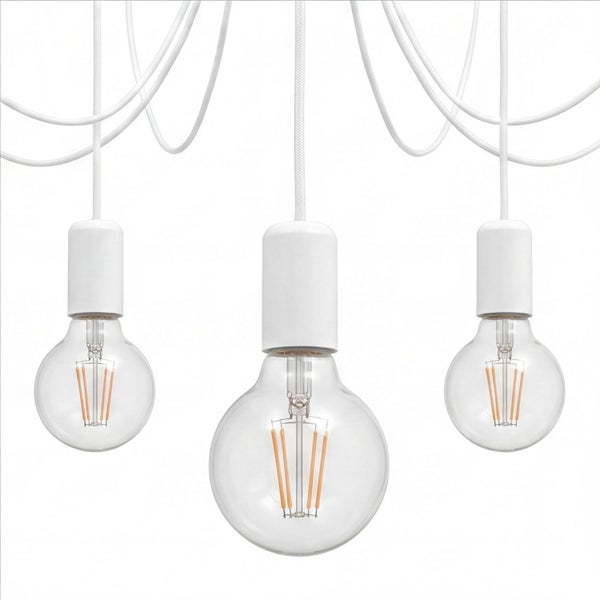 Dreiflammige Pendelleuchte mit Textilkabeln und Globe-LED-Filament-Leuchtmitteln.