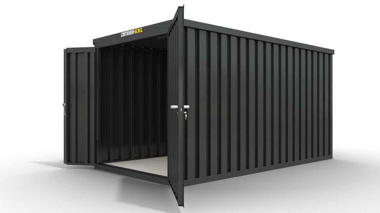 Lagercontainer Gerätehaus XXL+  – 12 qm, H2532 x B6020 x T2170 mm, Außenwandlackierung anthrazit, Dach außen verzinkt, mit Holzfußboden, 1830 mm Doppelflügeltür mittig in Stirnseite, Erfolgt fertig montiert
