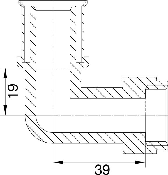 Technische Zeichnung eines L-förmigen Winkelstücks mit Maßangaben 19 und 39 Millimetern.