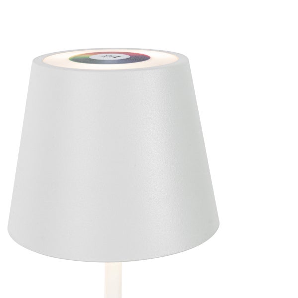 Weißer Lampenschirm mit Touch-Bedienfeld auf der Oberseite zur Steuerung von Farben und Helligkeit.