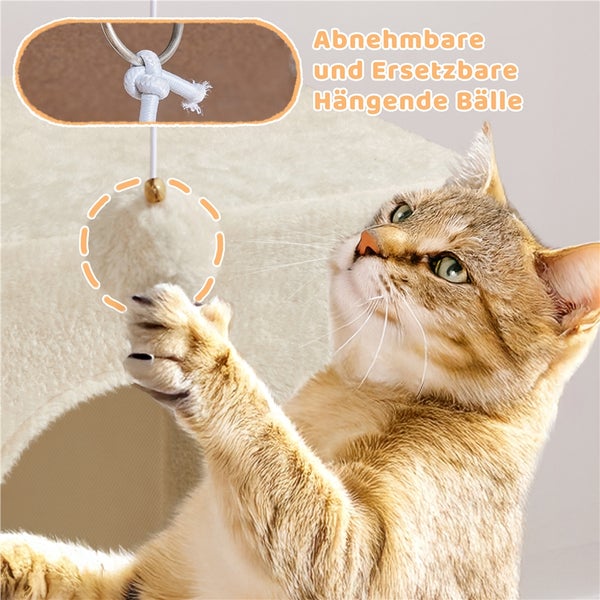 Katze spielt mit abnehmbaren und austauschbaren Hängeball am Katzenbaum