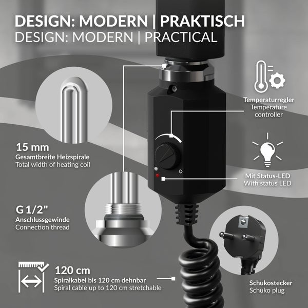 LuxeBath Heizstab 1200W Schwarz für Badheizkörper, Heizpatrone mit Thermostat für Heizkörper, Elektronischer Temperaturregler, Heizelement mit Stecker, Elektroheizstab für Heizungen & Handtuchtrockner
