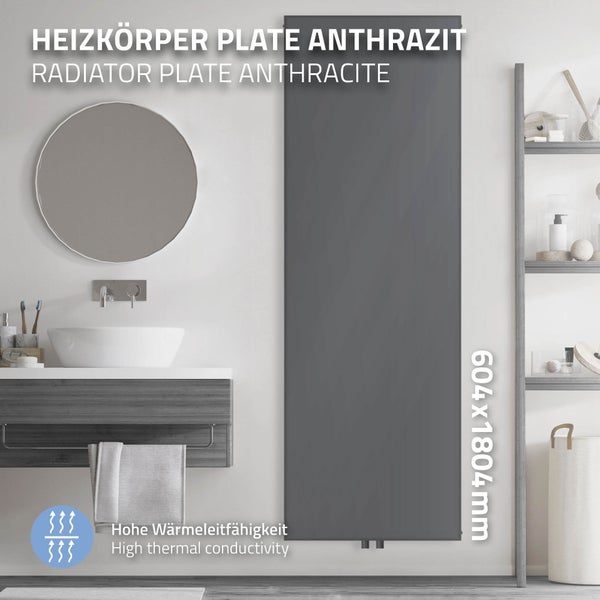 LuxeBath Badheizkörper 1800x604 mm Anthrazit Flach Einlagig Design Heizkörper Mittelanschluss Vertikal Planheizkörper glatte Vorderseite Vertikalheizkörper Paneelheizkörper Flachheizkörper  Heizwand