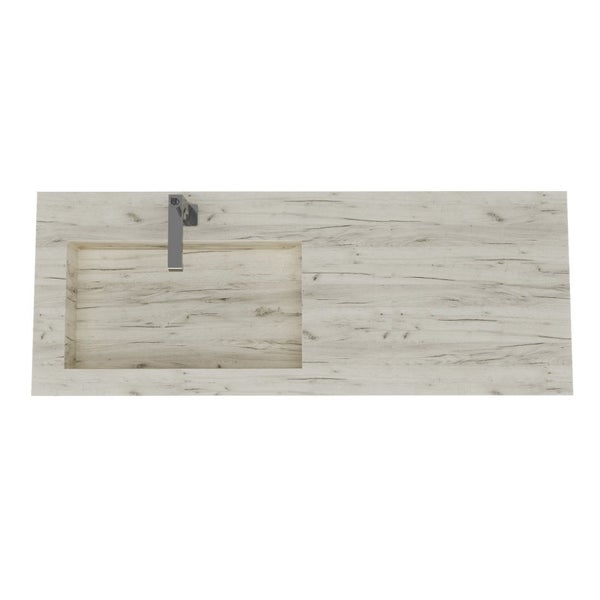 Waschtischplatte in Holzoptik mit integriertem rechteckigen Waschbecken und verchromter Armatur in der Draufsicht.