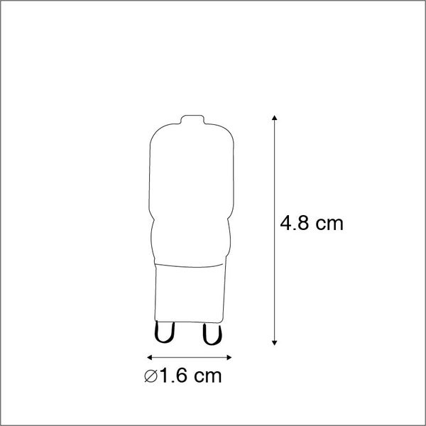 Maßzeichnung einer G9 Lampe mit einer Höhe von 4,8 Zentimetern und einem Durchmesser von 1,6 Zentimetern.