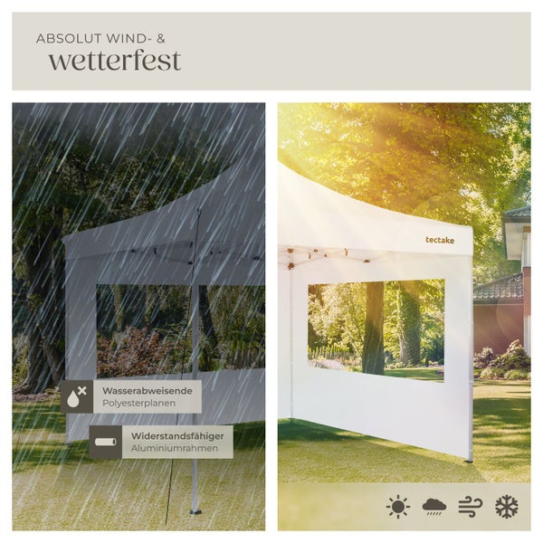 Wetterfester Faltpavillon im Garten mit wasserabweisenden Planen und Aluminiumrahmen, für Sonne, Regen, Wind und Schnee geeignet. tectake Logo