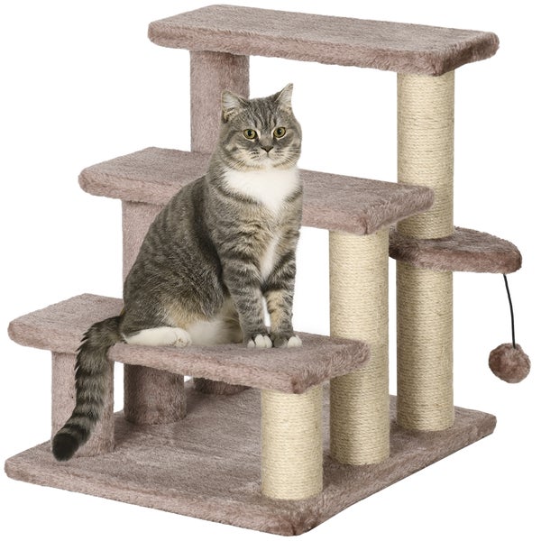 PawHut Katzentreppe 3-stufige Haustiertreppe mit Kratzsäulen Ball Hundetreppe Tiertreppe für Katzen bis 5 kg Plüsch Jute Braun 45 x 40 x 48 cm