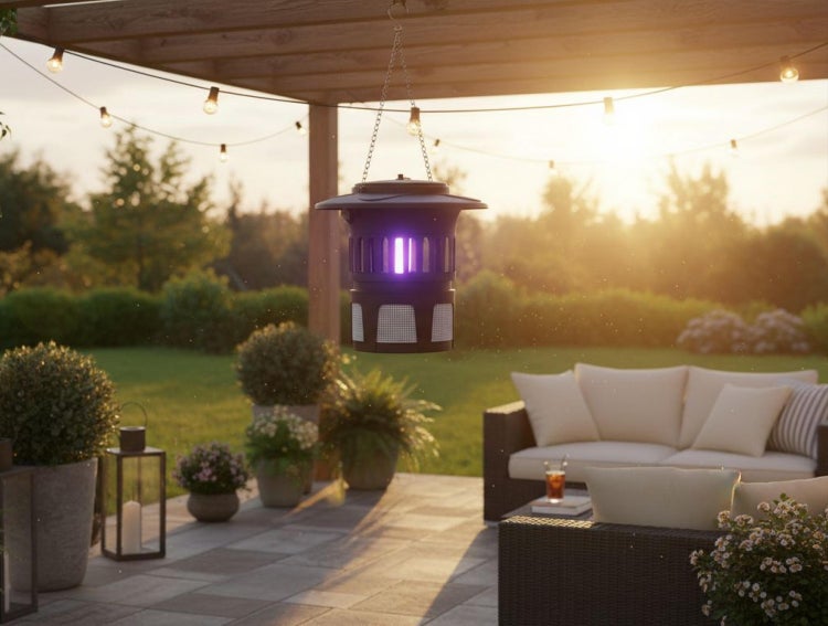Elektrischer Insektenvernichter hängend an einer Pergola auf einer Terrasse mit Loungemöbeln und Pflanzen bei Sonnenuntergang.