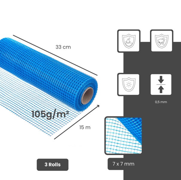 Blaues Armierungsgewebe, 3 Rollen, 33 Zentimeter breit, 15 Meter lang, 105 Gramm pro Quadratmeter, Maschenweite 7 mal 7 Millimeter, witterungsbeständig.