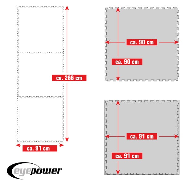 2.4qm Profi Fitnessmatte - 3er Set 90x90x2cm Bodenschutzmatte für Fitnessgeräte Grau Schwarz