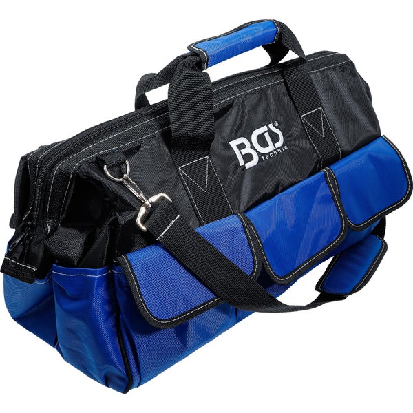 Blau-schwarze Werkzeugtasche mit BGS technic Logo, Außentaschen, Tragegriff und gepolstertem Schultergurt.