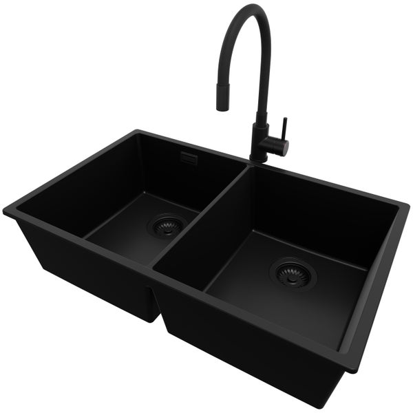 PRIMAGRAN Granitspüle Alles Schwarz 76x47cm, Spülbecken 2 Becken + Küchenarmatur 40x38cm + Ablauf-Set, Küchenspüle ab 80er Unterschrank - London Slim Twin