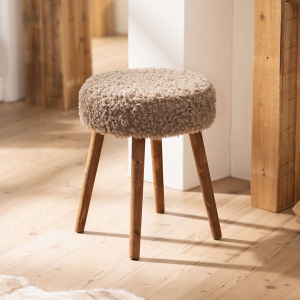 FRANK FLECHTWAREN | Hocker Curly Cover, HOLZ, SCHAUMSTOFF, KUNSTFELL, Ø 35 x 45 cm