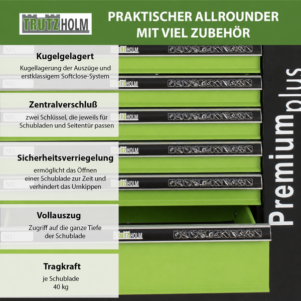 TrutzHolm Werkstattwagen Premium plus mit kugelgelagerten Schubladen und Softclose System in der Detailansicht.