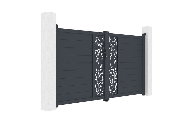 Zweiflügeliges Gartentor aus anthrazitfarbenem Aluminium mit horizontalen Lamellen und dekorativem Blattmuster, montiert zwischen Pfosten.
