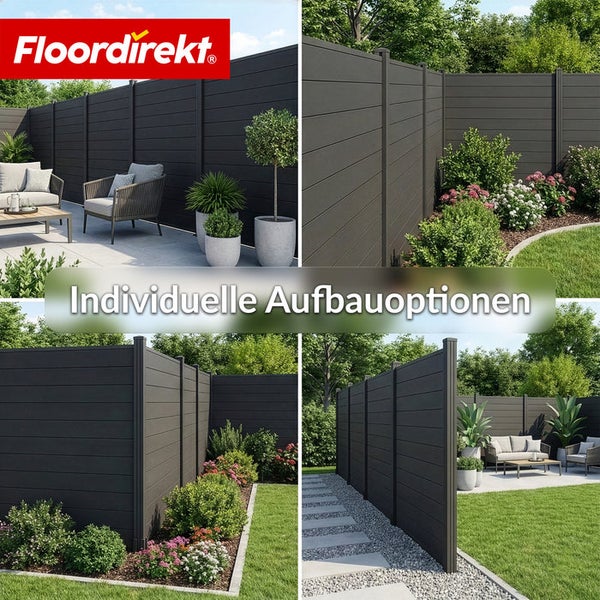 Collage verschiedener Installationsmöglichkeiten für einen grauen Gartenzaun von Floordirekt