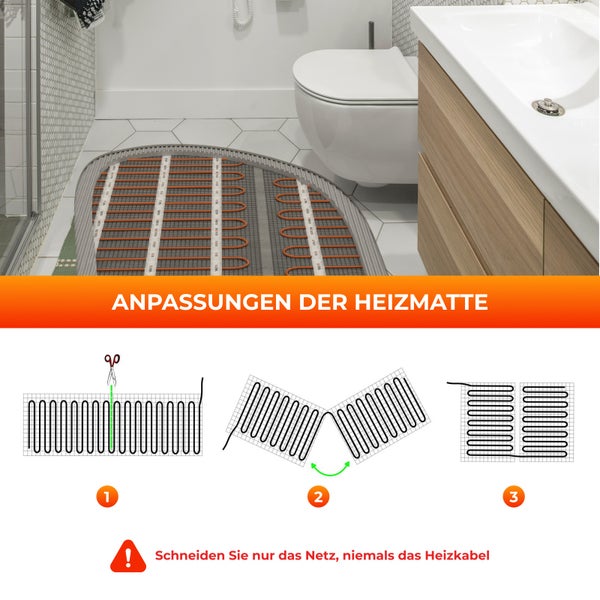 Anpassung einer elektrischen Fußbodenheizungsmatte im Badezimmer mit Installationshinweisen.