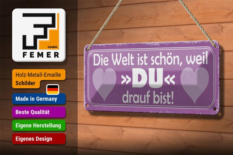 Blechschild Spruch 27x10cm Welt ist schön weil DU bist Dekoration