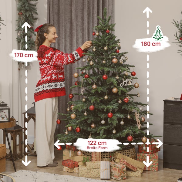 Frau dekoriert einen 180 Zentimeter hohen künstlichen Weihnachtsbaum, Breite 122 Zentimeter, mit roten und goldenen Kugeln und Geschenken darunter.