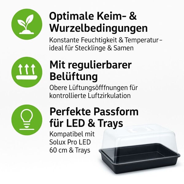 Zimmergewächshaus für optimale Keimung und Wurzelbildung, mit regulierbarer Belüftung und Passform für LED Lampen und Anzuchtschalen.