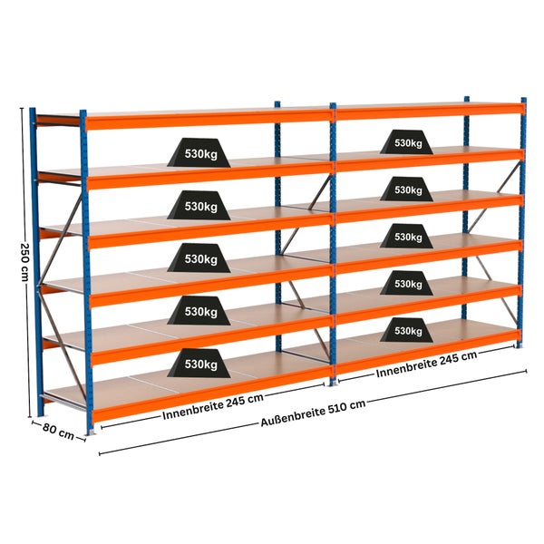 Lagerregal mit mehreren Ebenen und Gewichtsangabe