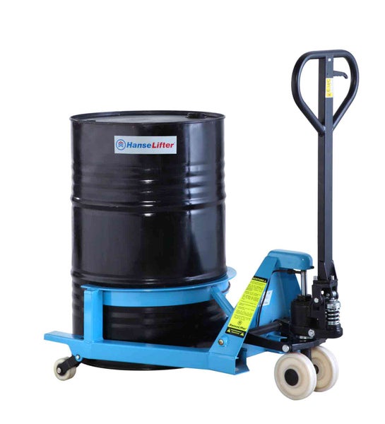 Manueller Fasslifter mit schwarzem Metallfass auf blauem Fahrgestell und HanseLifter Logo.