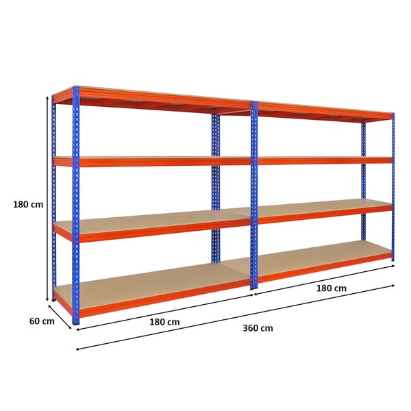 PROREGAL Mega Deal 2x Profi Schwerlastregal Bison HxBxT 200 x 200 x 60 cm 4 Fachböden Fachlast 600 kg Blau-Orange
