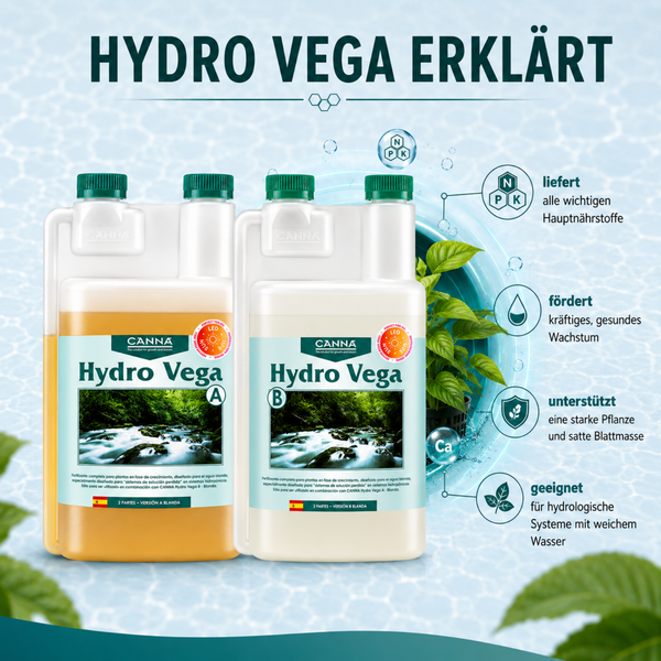 Zwei Flaschen Canna Hydro Vega A und B Pflanzendünger für hydroponische Systeme mit Weichwasser für gesundes Pflanzenwachstum.