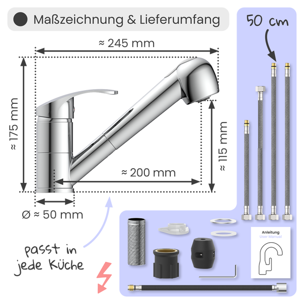 Maßzeichnung einer verchromten Küchenarmatur mit Angabe von Höhe circa 175 mm, Ausladung circa 245 mm und Lieferumfang inklusive Schläuchen.