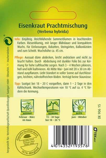 Rückseite der Saatgutpackung für Eisenkraut Prachtmischung Verbena hybrida mit Informationen zu Aussaat, Pflege und Blütezeitraum.