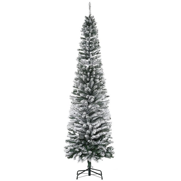 Künstlicher schmaler Weihnachtsbaum mit beschneiten Zweigen und schwarzem Metallständer.