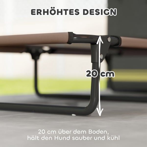 Detailansicht eines erhöhten Hundebetts, das 20 cm über dem Boden liegt.