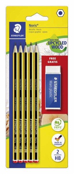 Staedtler Noris Bleistifte HB 2, 5er Set aus Upcycling-Holz, Made in Germany, mit gratis Mars plastic Radiergummi.